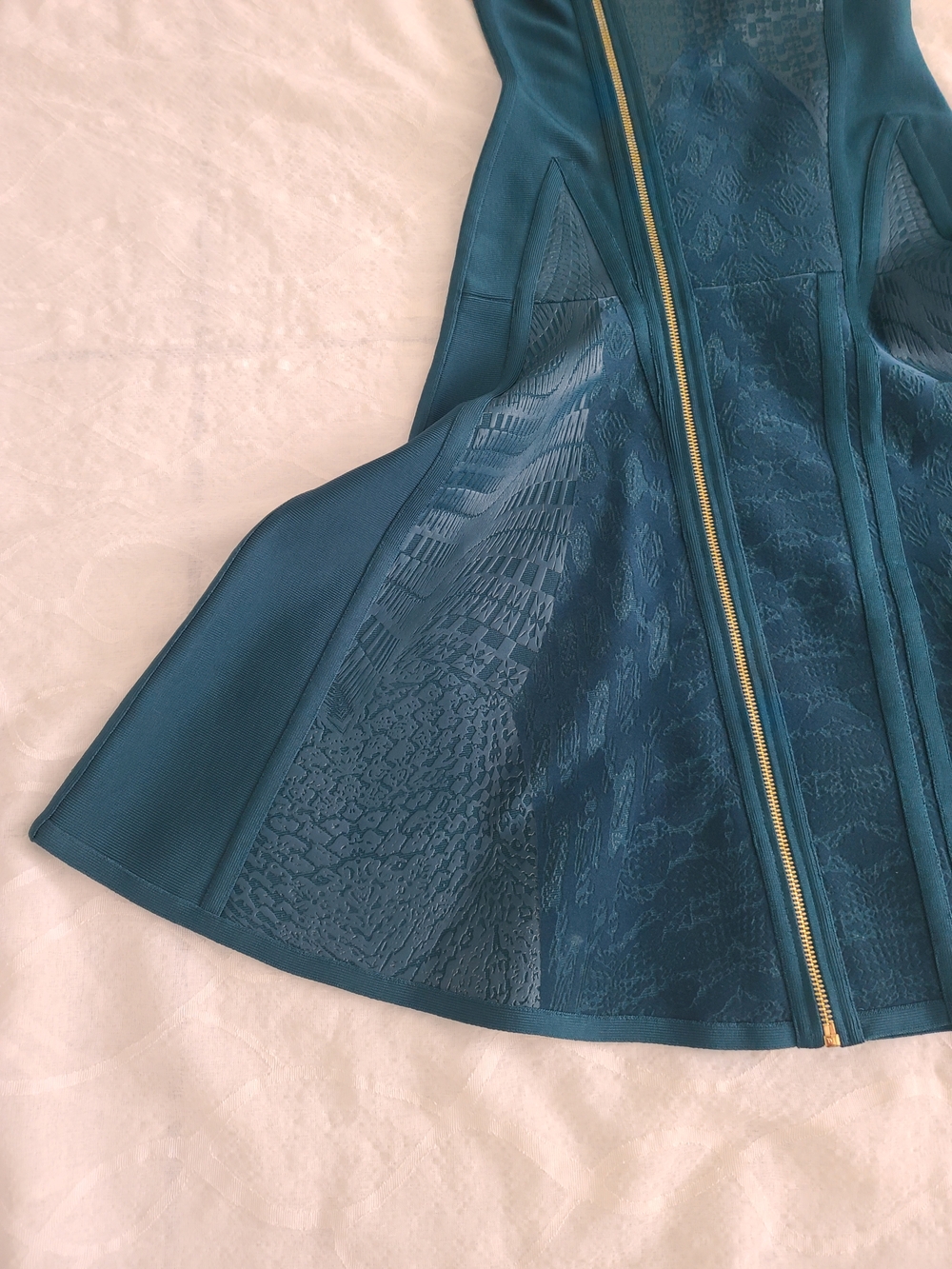 Herve Leger Teal Asymmetrical Zip Fit-and-Flare Midi Dress - Picture 2 of 13